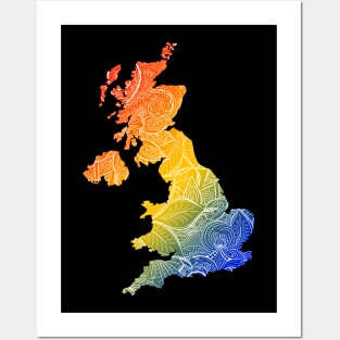 Colorful mandala art map of United Kingdom with text in blue, yellow, and red Posters and Art